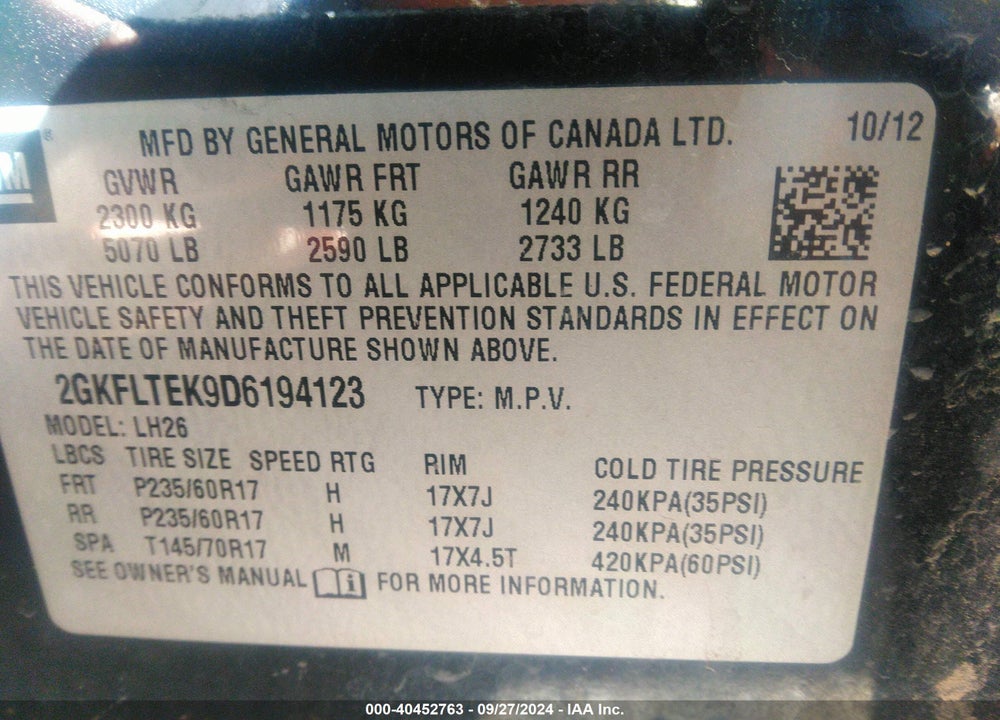 2013 GMC TERRAIN SLE-2 VIN: 2GKFLTEK9D6194123
