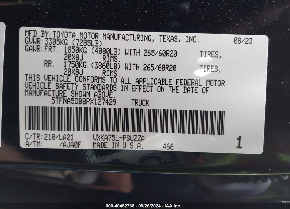 2023 TOYOTA TUNDRA VIN: 5TFNA5DB8PX127429