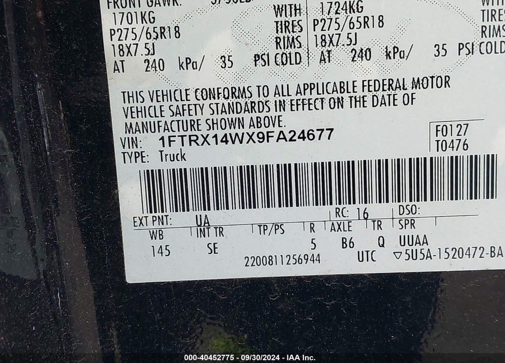 2009 FORD F-150 STX/XL VIN: 1FTRX14WX9FA24677