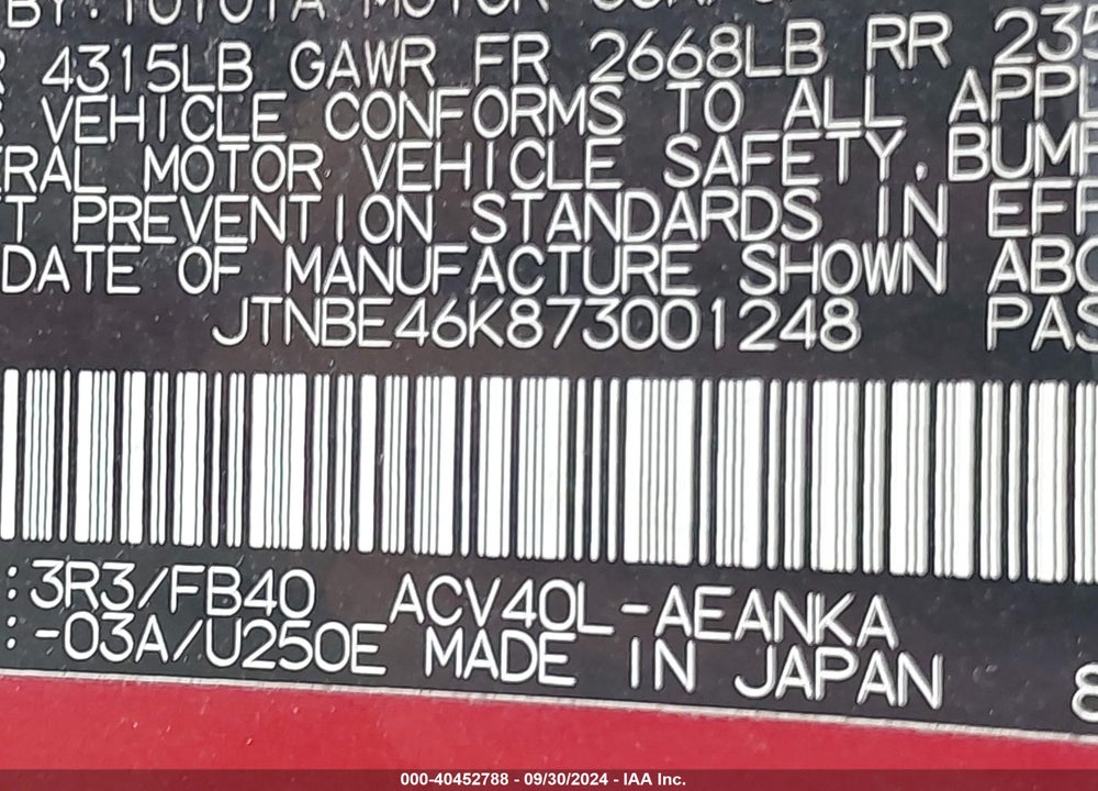 2007 TOYOTA CAMRY VIN: JTNBE46K873001248