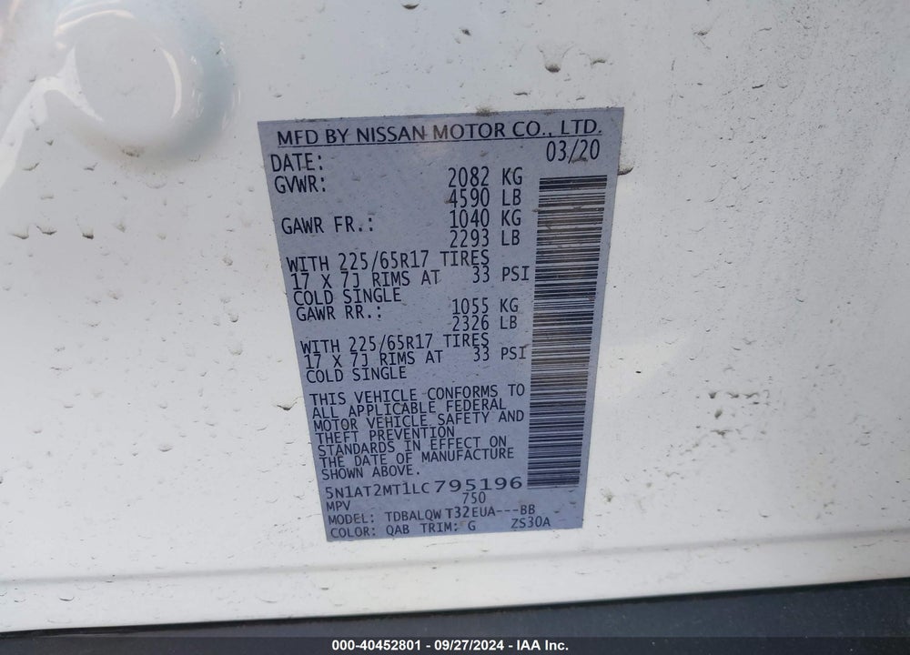 2020 NISSAN ROGUE SV FWD VIN: 5N1AT2MT1LC795196