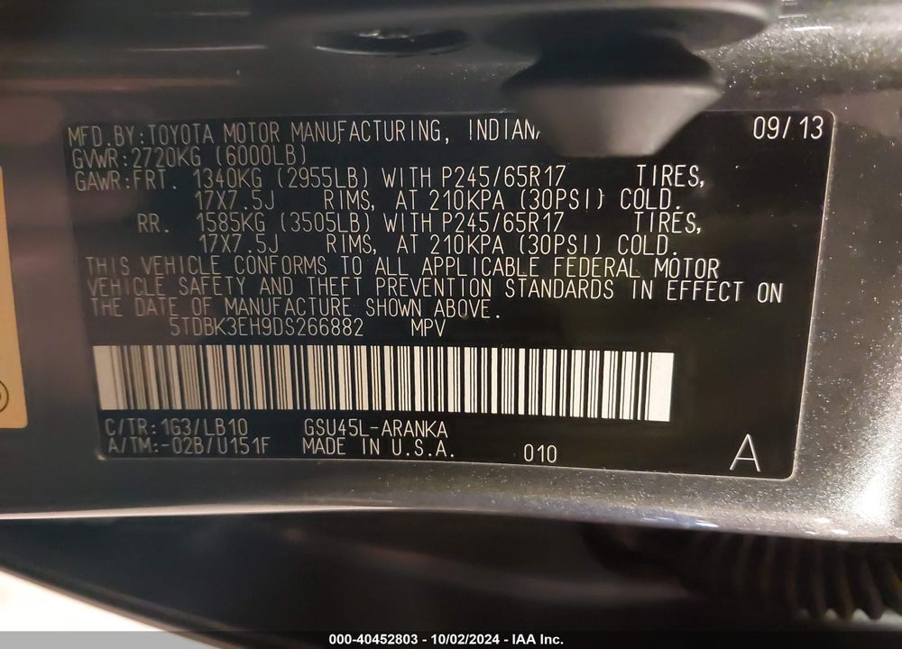 2013 TOYOTA HIGHLANDER SE V6 VIN: 5TDBK3EH9DS266882
