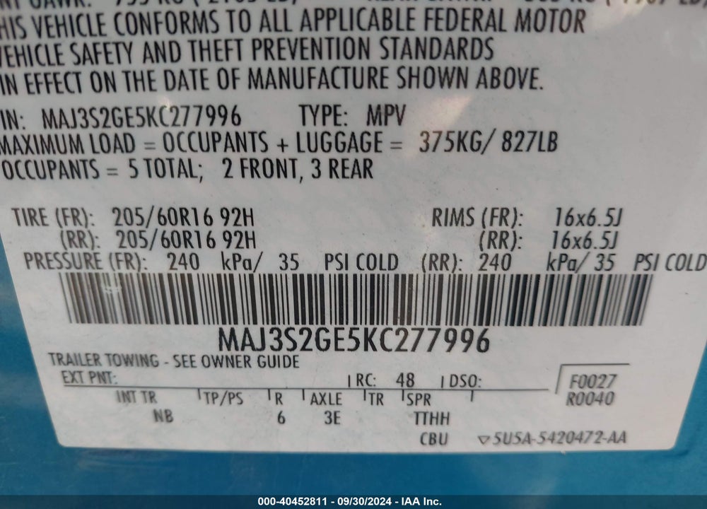 2019 FORD ECOSPORT SE VIN: MAJ3S2GE5KC277996