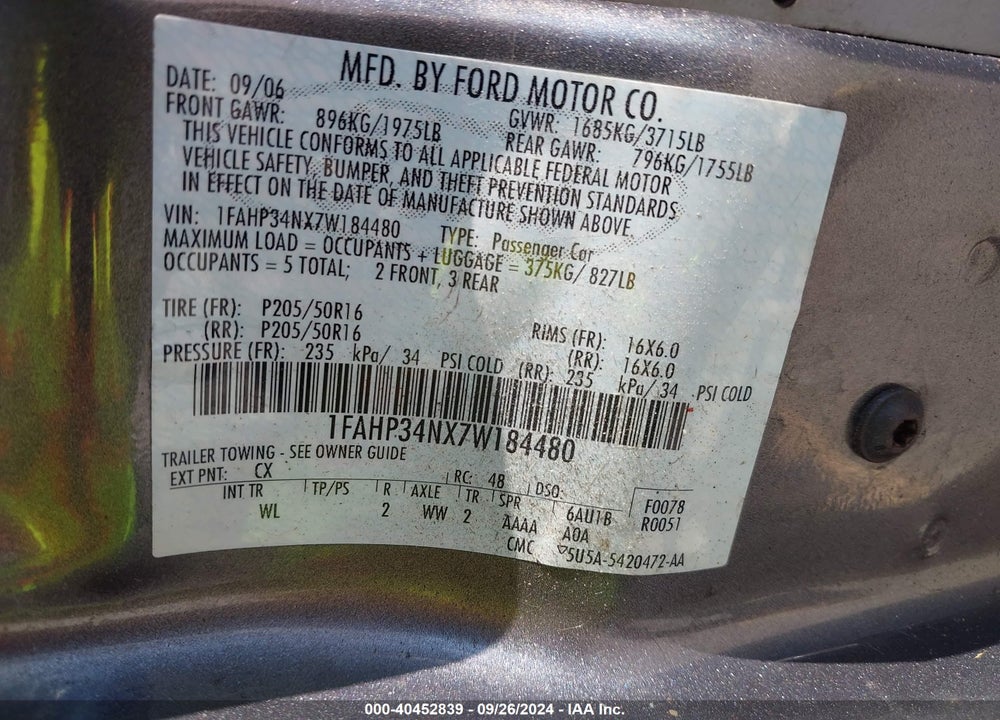 2007 FORD FOCUS S/SE/SES VIN: 1FAHP34NX7W184480