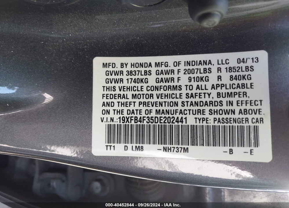 2013 HONDA CIVIC HYBRID VIN: 19XFB4F35DE202441