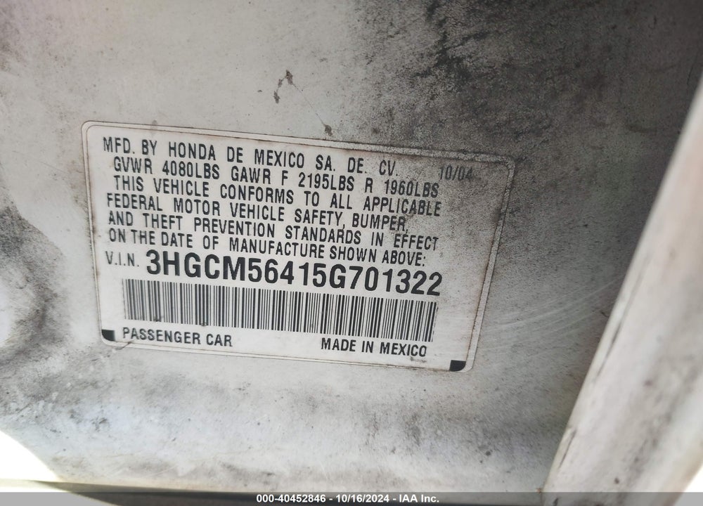 2005 HONDA ACCORD 2.4 LX VIN: 3HGCM56415G701322