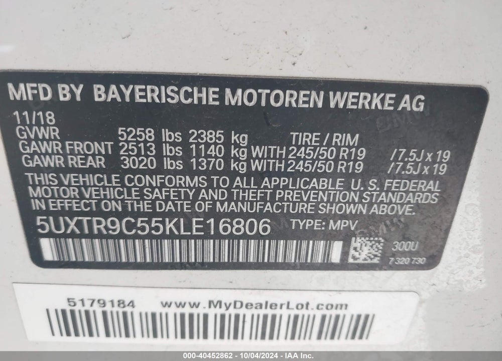2019 BMW X3 XDRIVE30I VIN: 5UXTR9C55KLE16806