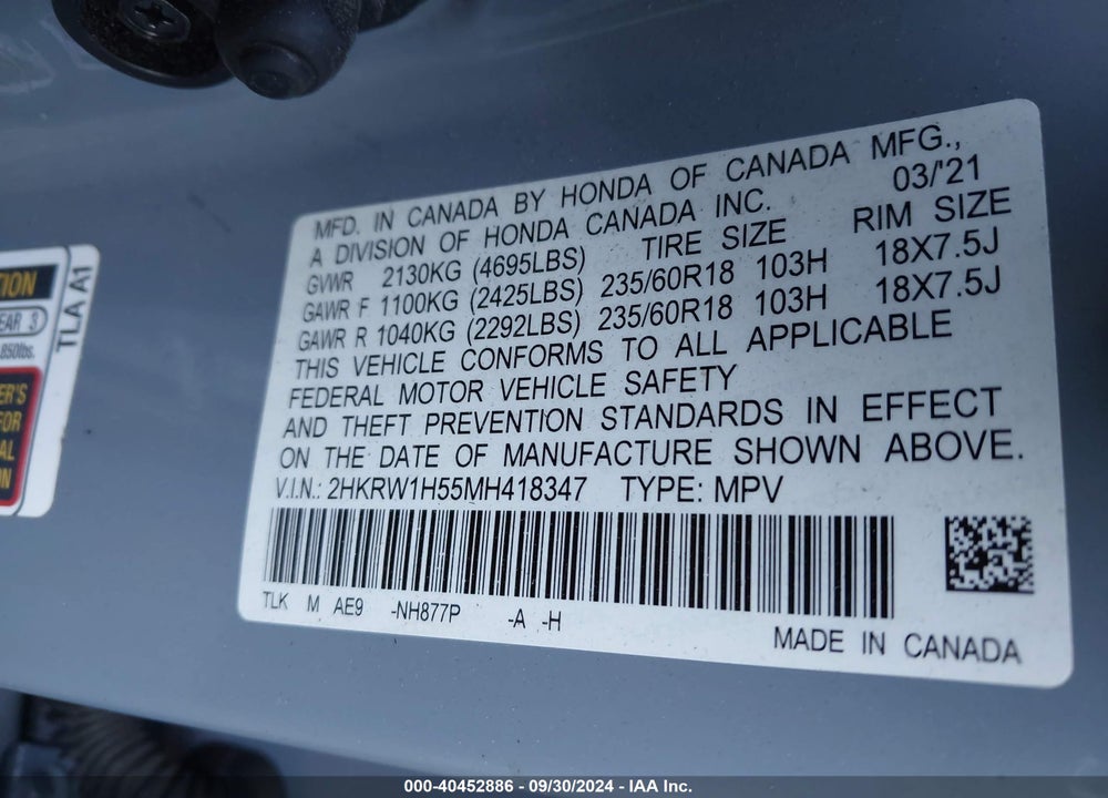 2021 HONDA CR-V 2WD EX VIN: 2HKRW1H55MH418347