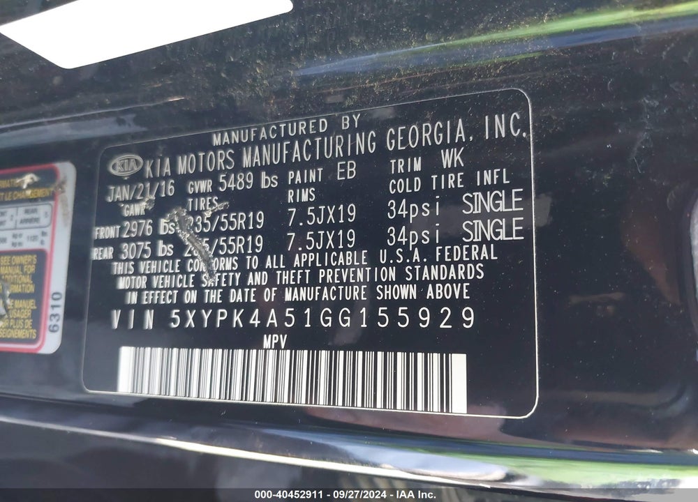 2016 KIA SORENTO 3.3L SX VIN: 5XYPK4A51GG155929