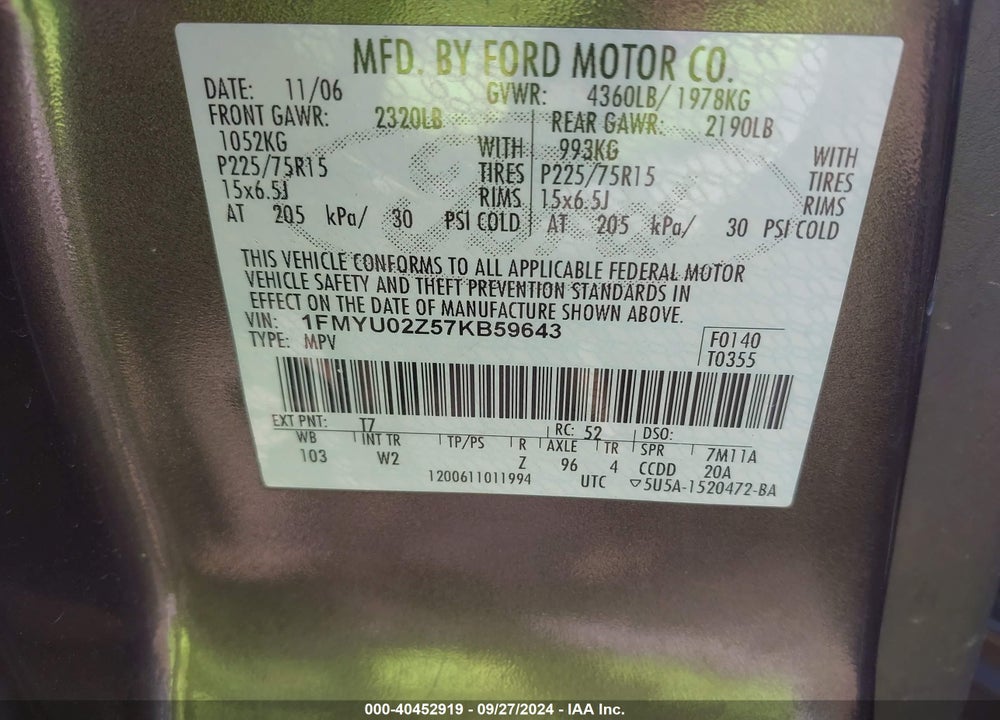 2007 FORD ESCAPE VIN: 1FMYU02Z57KB59643