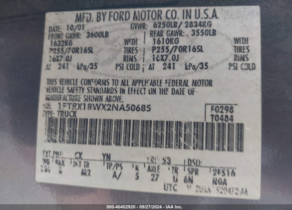 2002 FORD F-150 LARIAT/XL/XLT VIN: 1FTRX18WX2NA50685