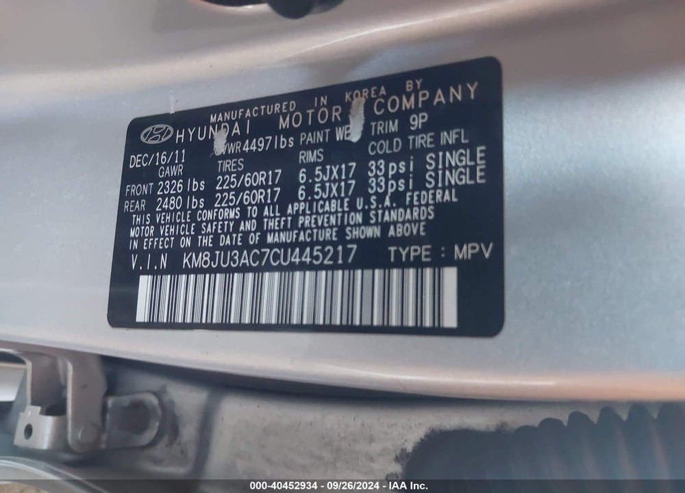 2012 HYUNDAI TUCSON GLS VIN: KM8JU3AC7CU445217