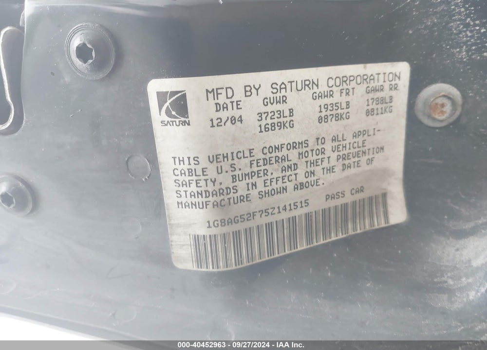 2005 SATURN ION 1 VIN: 1G8AG52F75Z141515