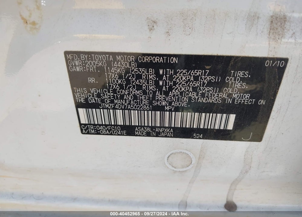 2010 TOYOTA RAV4 VIN: JTMZF4DV7A5022861