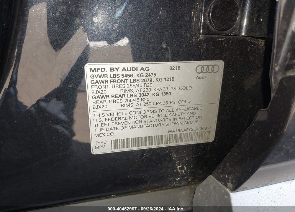 2018 AUDI Q5 2.0T PREMIUM/2.0T TECH PREMIUM VIN: WA1BNAFY3J2136393