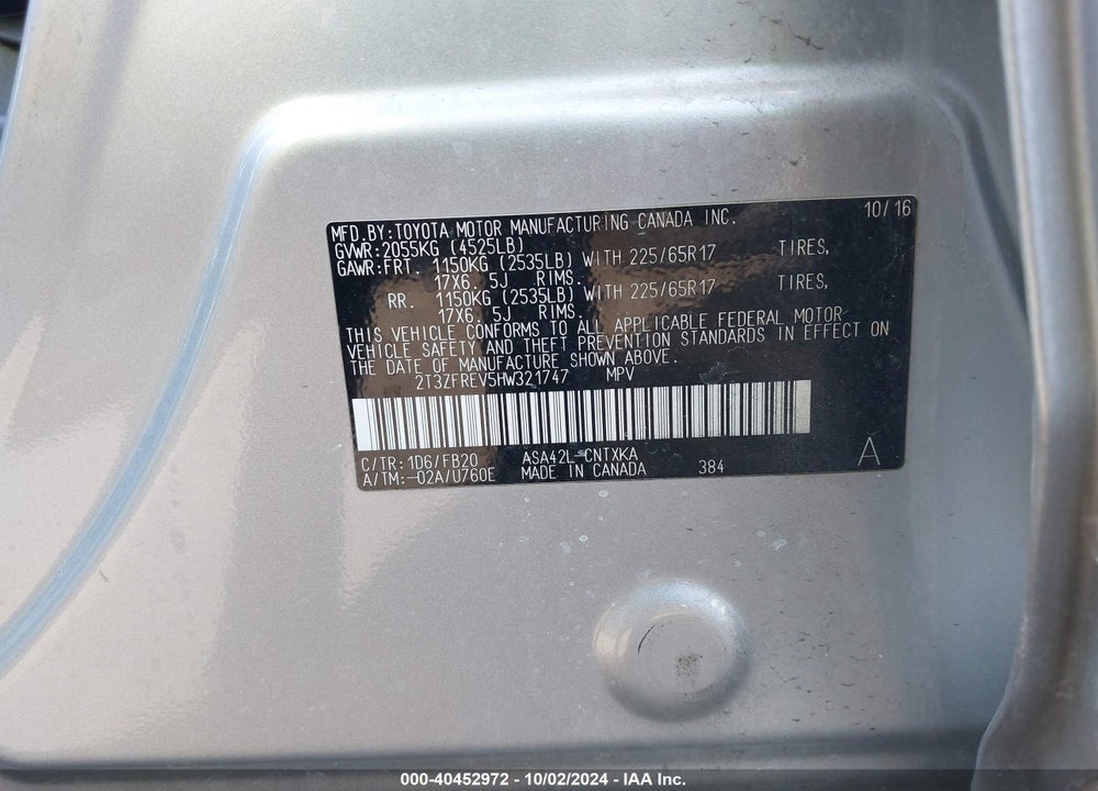 2017 TOYOTA RAV4 LE VIN: 2T3ZFREV5HW321747