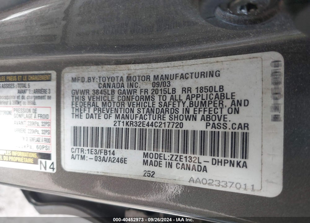 2004 TOYOTA MATRIX/XR VIN: 2T1KR32E44C217720