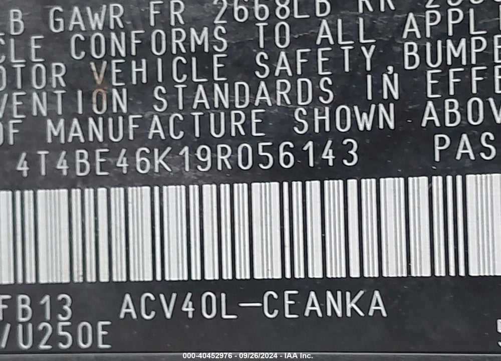 2009 TOYOTA CAMRY LE VIN: 4T4BE46K19R056143