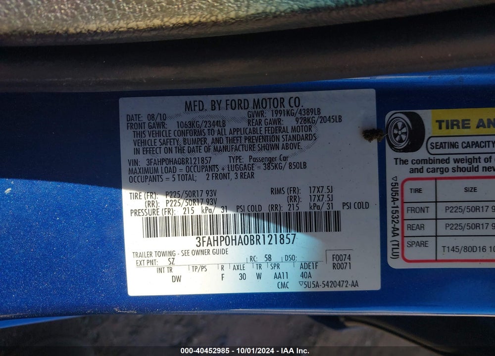 2011 FORD FUSION SE VIN: 3FAHP0HA0BR121857