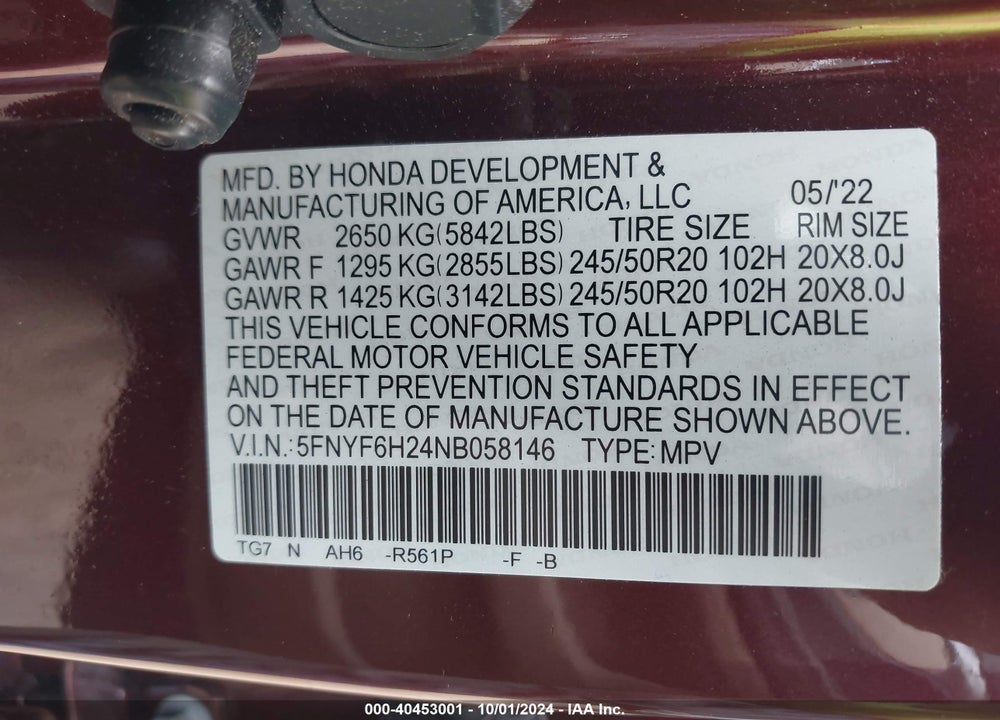 2022 HONDA PILOT AWD SPECIAL EDITION VIN: 5FNYF6H24NB058146