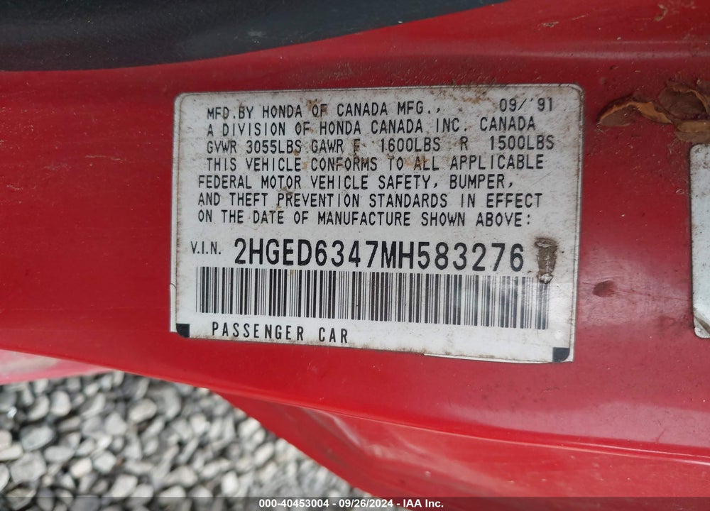 1991 HONDA CIVIC VIN: 2HGED6347MH583276