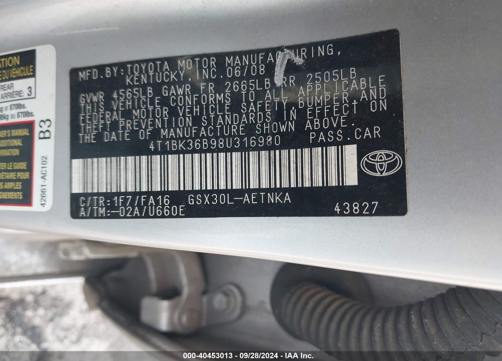 2008 TOYOTA AVALON XL VIN: 4T1BK36B98U316980