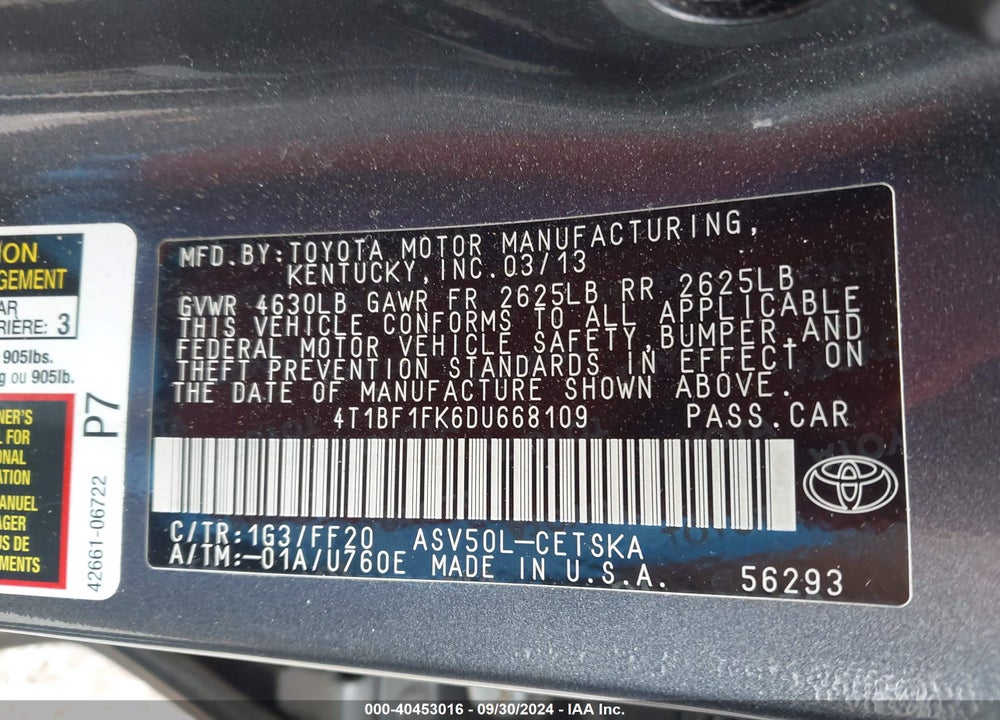 2013 TOYOTA CAMRY SE VIN: 4T1BF1FK6DU668109