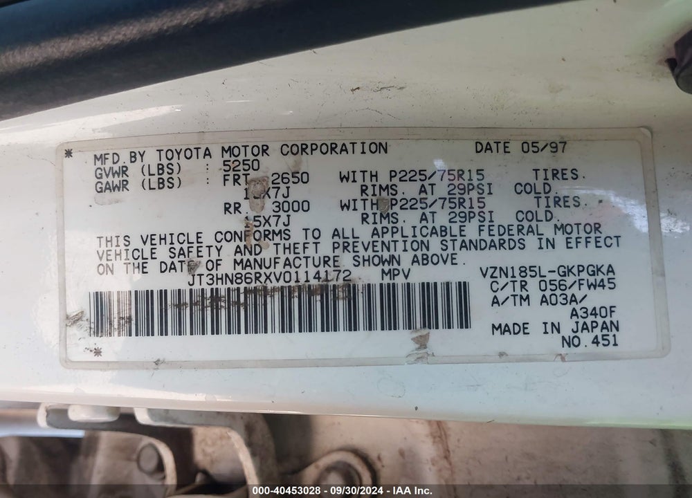 1997 TOYOTA 4RUNNER SR5 V6 VIN: JT3HN86RXV0114172
