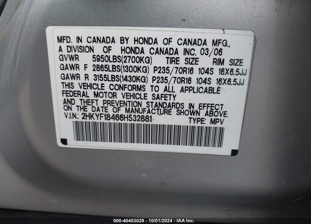 2006 HONDA PILOT EX VIN: 2HKYF18466H532881