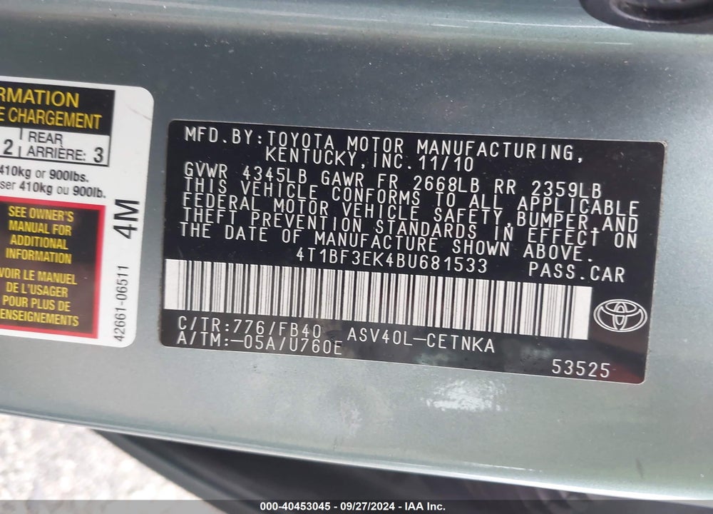 2011 TOYOTA CAMRY LE VIN: 4T1BF3EK4BU681533