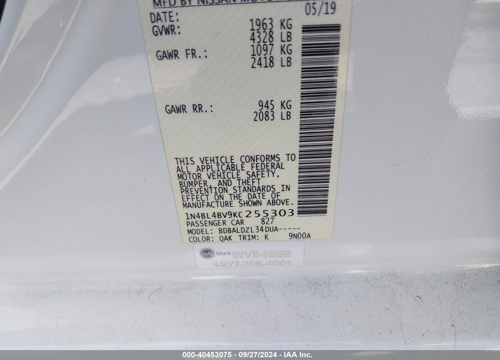 2019 NISSAN ALTIMA 2.5 S VIN: 1N4BL4BV9KC255303