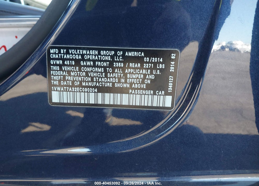 2014 VOLKSWAGEN PASSAT 1.8T WOLFSBURG EDITION VIN: 1VWAT7A32EC090204