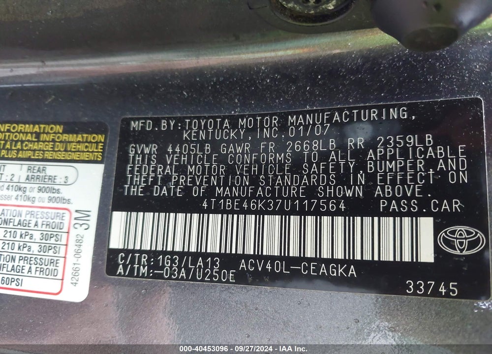 2007 TOYOTA CAMRY XLE VIN: 4T1BE46K37U117564