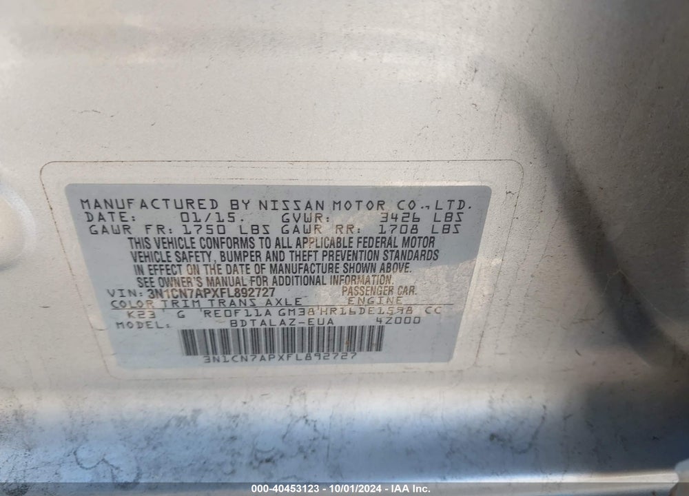 2015 NISSAN VERSA 1.6 S+ VIN: 3N1CN7APXFL892727