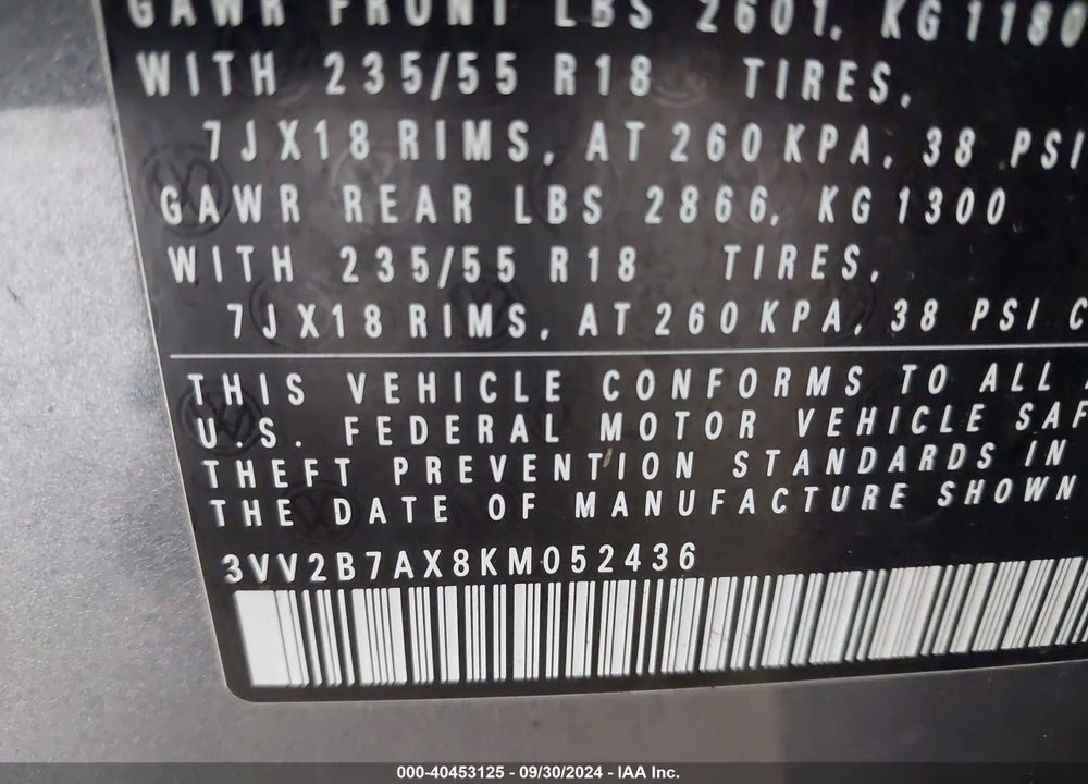 2019 VOLKSWAGEN TIGUAN 2.0T SEL/2.0T SEL R-LINE/2.0T SEL R-LINE BLACK/SE VIN: 3VV2B7AX8KM052436