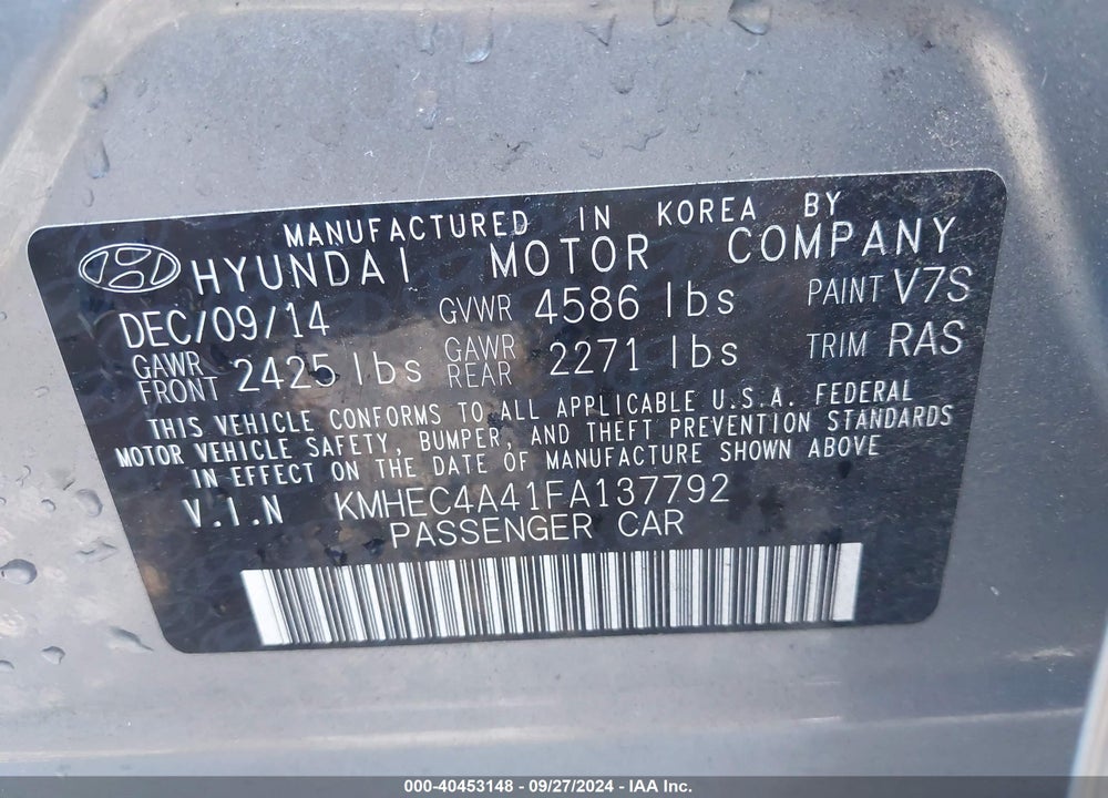 2015 HYUNDAI SONATA HYBRID VIN: KMHEC4A41FA137792