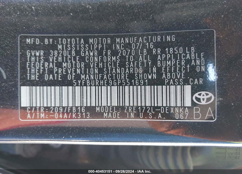 2016 TOYOTA COROLLA LE PLUS VIN: 5YFBURHE9GP551691