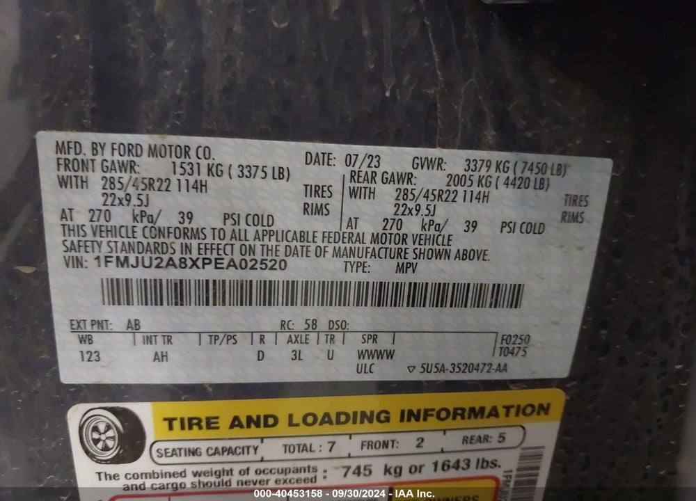 2023 FORD EXPEDITION LIMITED VIN: 1FMJU2A8XPEA02520