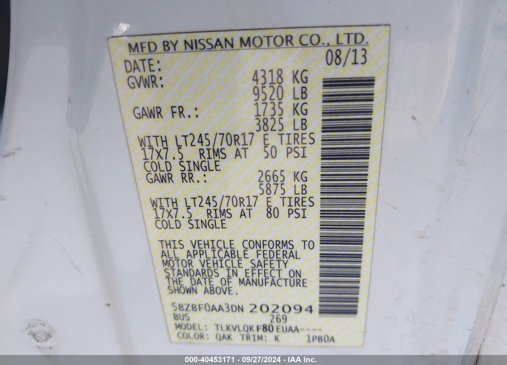 2013 NISSAN NV PASSENGER NV3500 HD S V6 VIN: 5BZBF0AA3DN202094