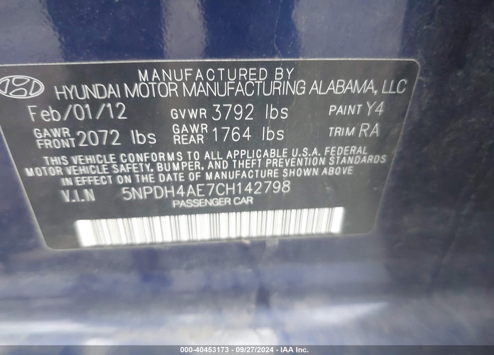 2012 HYUNDAI ELANTRA GLS VIN: 5NPDH4AE7CH142798