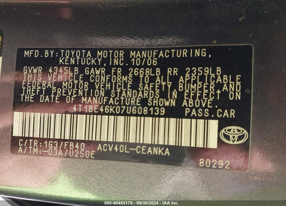2007 TOYOTA CAMRY CE/LE/SE/XLE VIN: 4T1BE46K07U608139