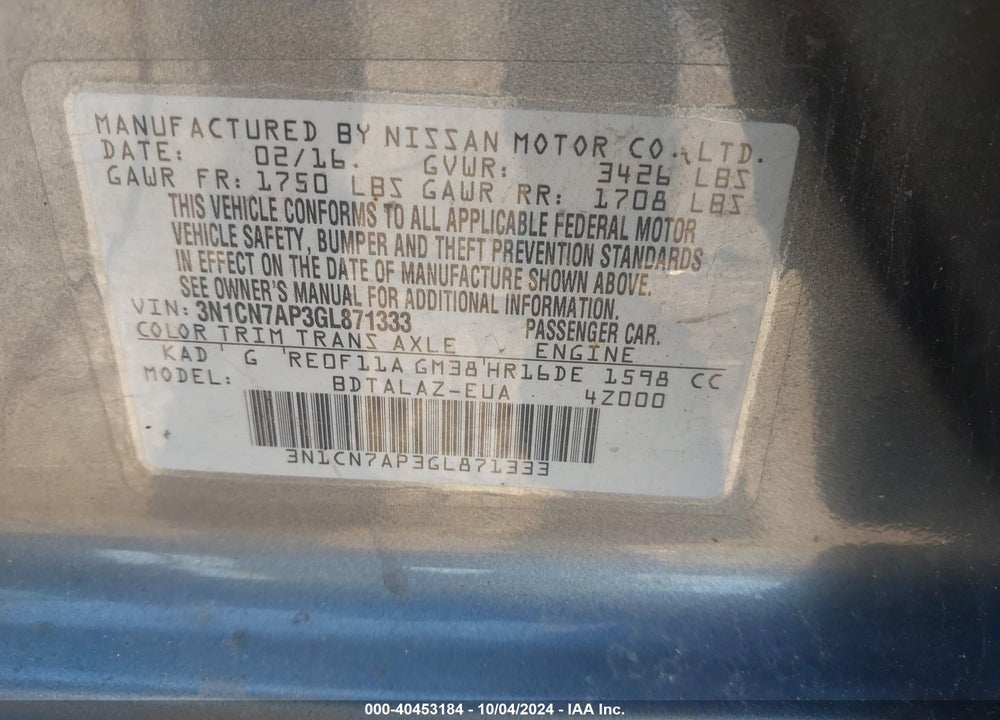 2016 NISSAN VERSA 1.6 S+ VIN: 3N1CN7AP3GL871333