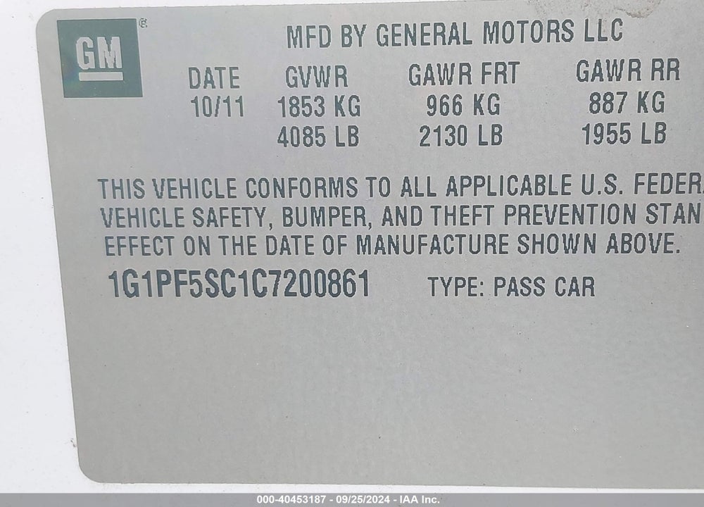 2012 CHEVROLET CRUZE 1LT VIN: 1G1PF5SC1C7200861