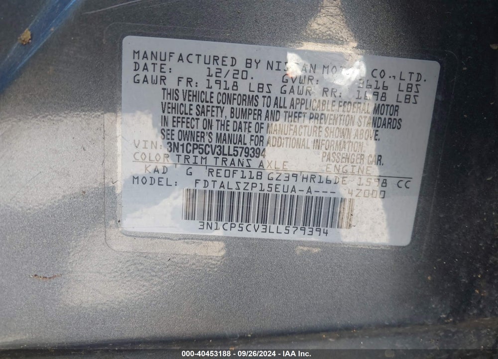 2020 NISSAN KICKS SV XTRONIC CVT VIN: 3N1CP5CV3LL579394