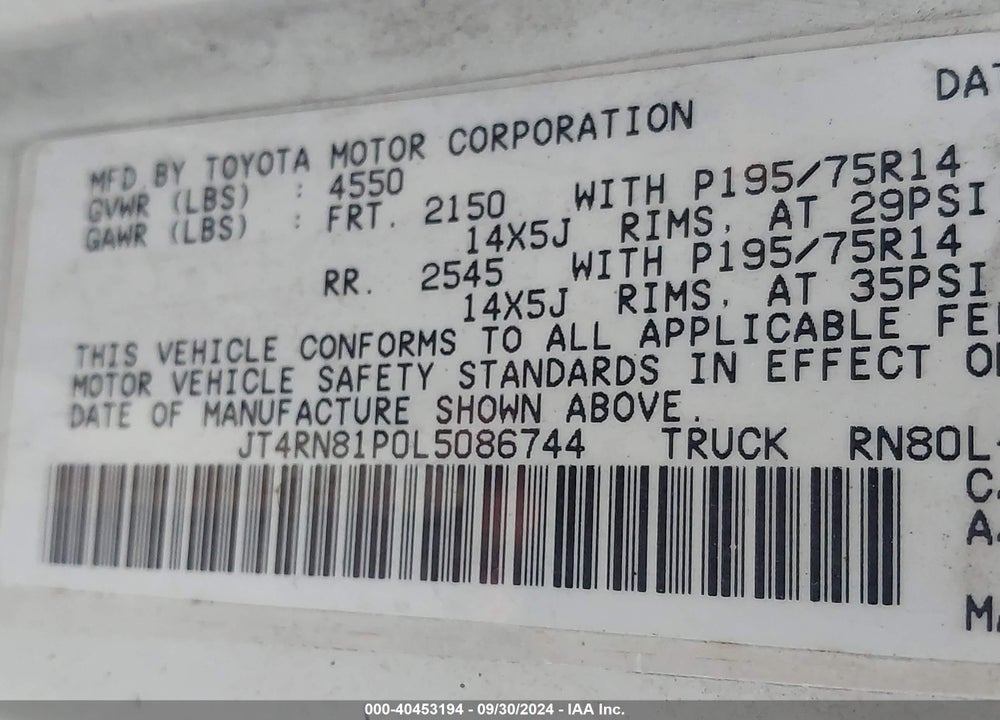 1990 TOYOTA PICKUP 1/2 TON SHT WHEELBASE DLX VIN: JT4RN81P0L5086744