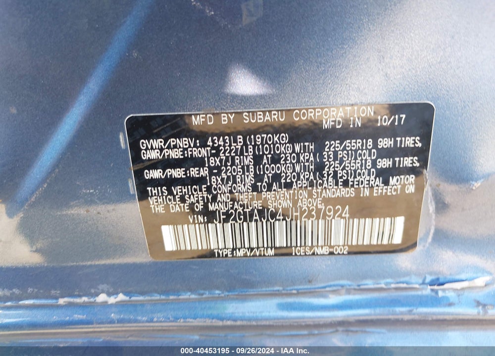 2018 SUBARU CROSSTREK LIMITED VIN: JF2GTAJC4JH237924