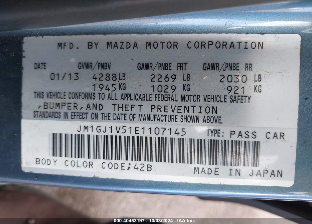 2014 MAZDA 6 I TOURING VIN: JM1GJ1V51E1107145