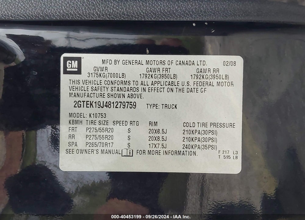 2008 GMC SIERRA 1500 SLE1 VIN: 2GTEK19J481279759