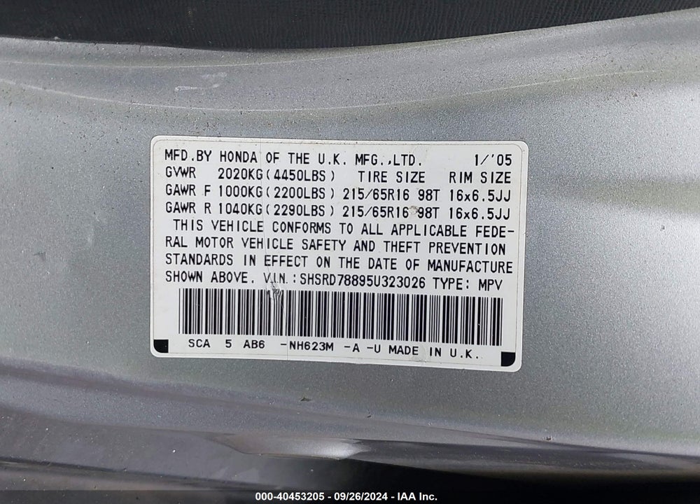 2005 HONDA CR-V EX VIN: SHSRD78895U323026