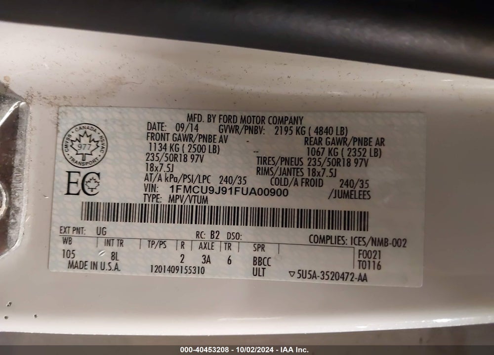 2015 FORD ESCAPE TITANIUM VIN: 1FMCU9J91FUA00900